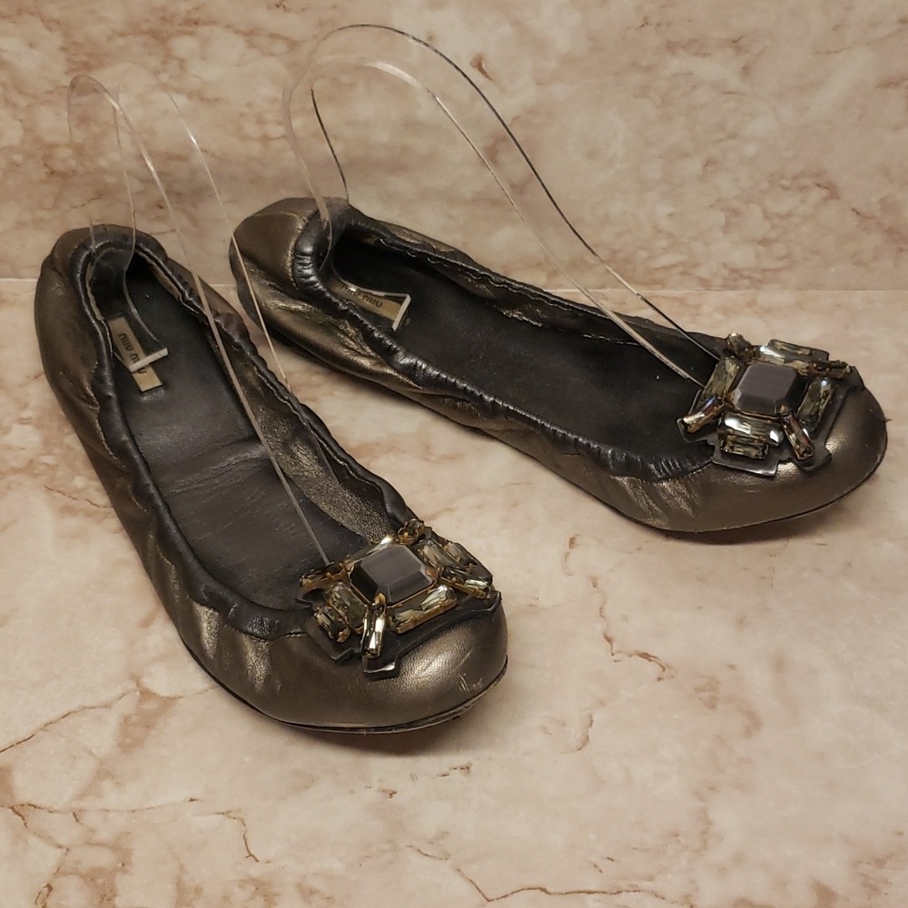 Miu Miu metallic bronze with big rhinestones woman ballet flats loafers  39.5